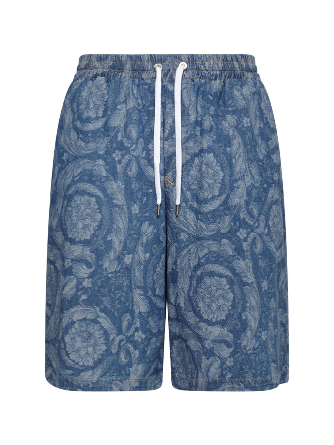 Versace Baroque Jacquard Cotton Denim Shorts In Blue