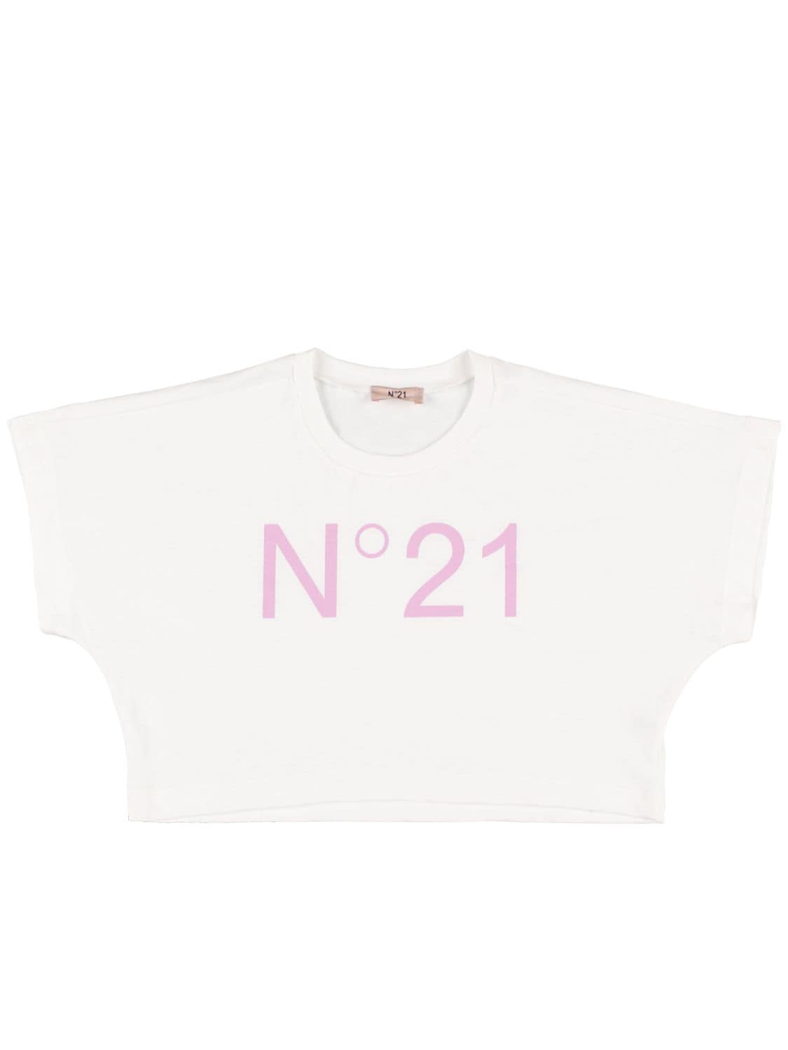 N°21 Kids' Logo印花平纹针织短款t恤 In White