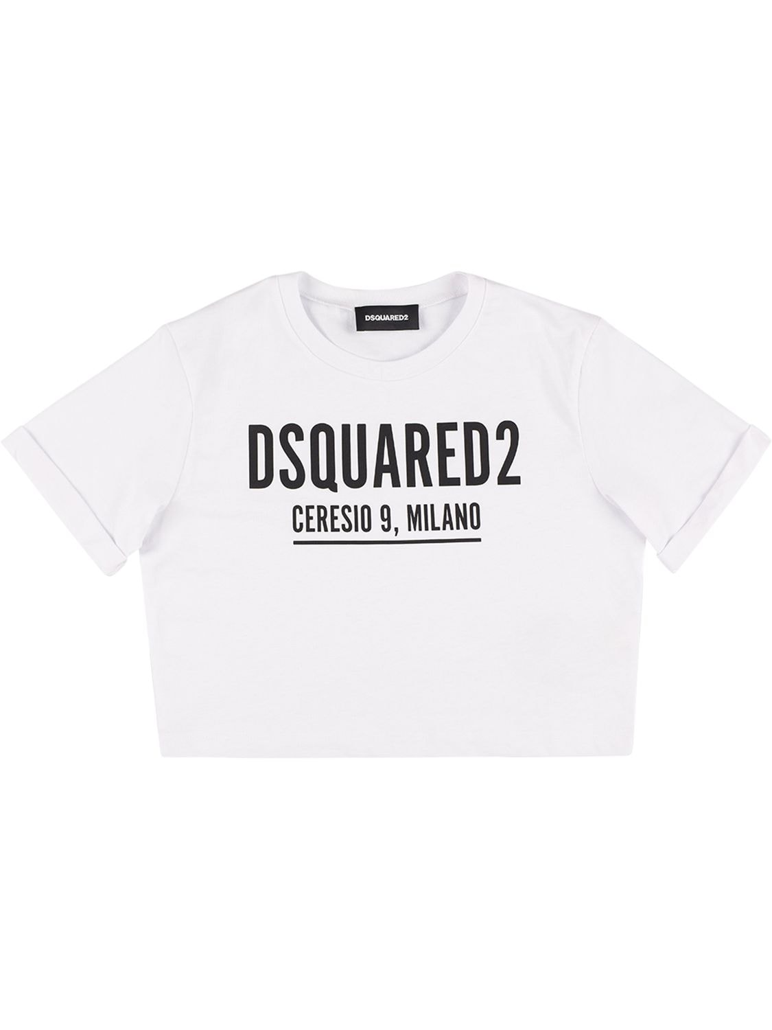 Dsquared2 Kids' Logo Rubberized Cotton Cropped T-shirt In White