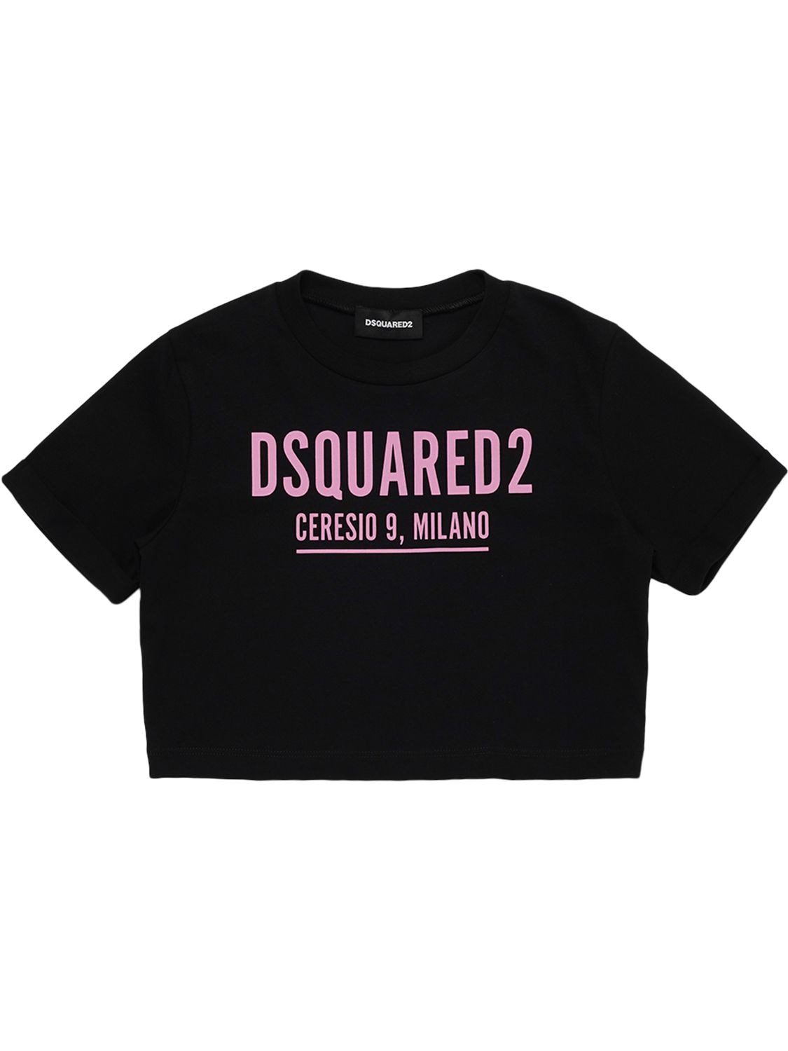 Dsquared2 Kids' Logo Rubberized Cotton Cropped T-shirt In Black
