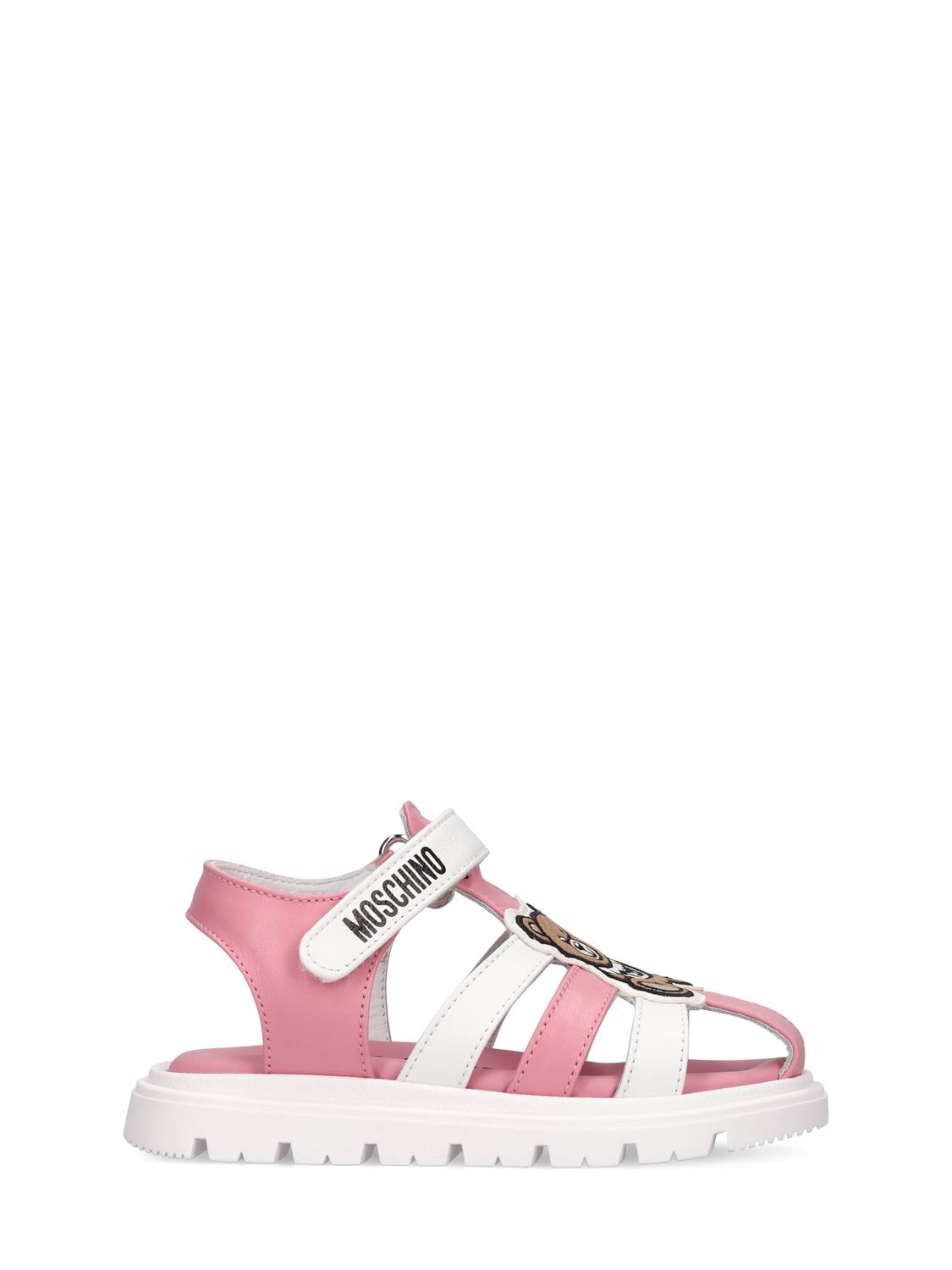 MOSCHINO LOGO PRINT LEATHER SANDALS W/TEDDY PATCH