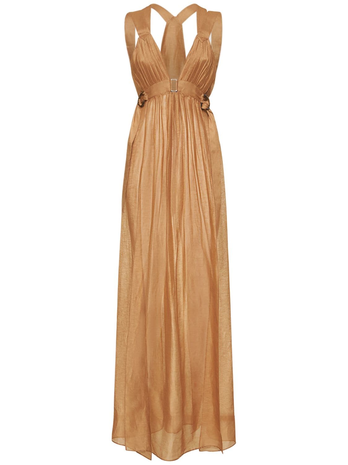 Alberta Ferretti Mussola Long Dress W/ Buckle Straps In Brown,beige