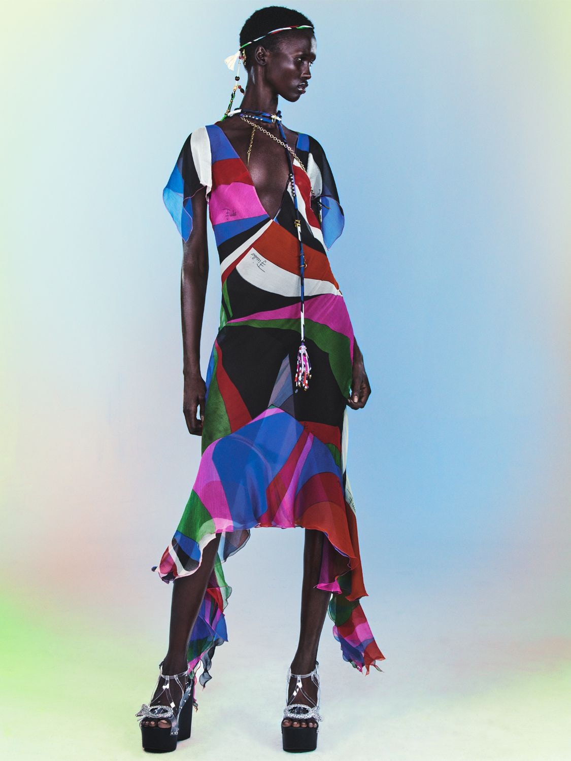Shop Pucci Crepe Goccia Print Ruffle Midi Dress In Multicolor