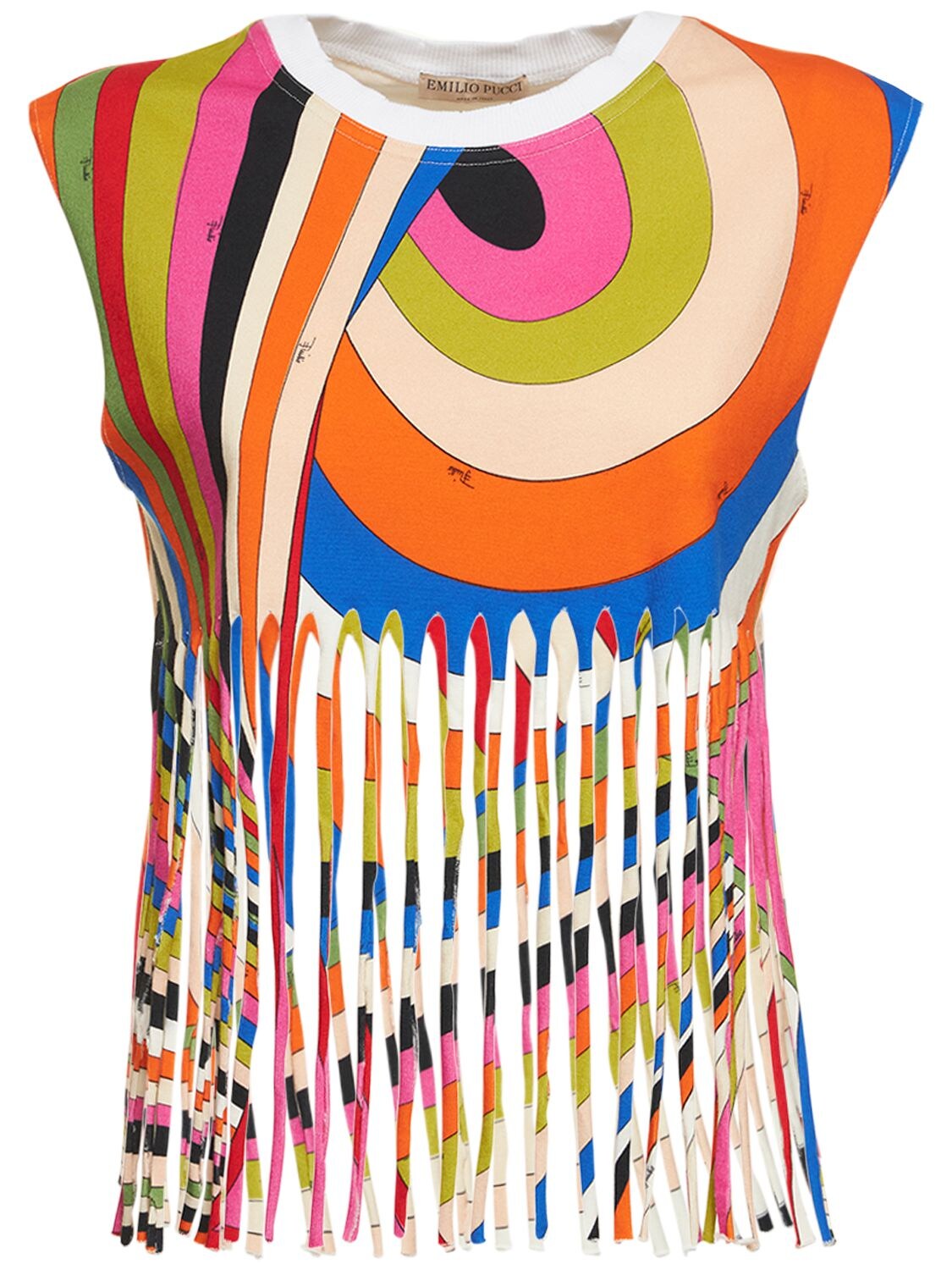 PUCCI JERSEY IRIDE PRINT FRINGED TOP