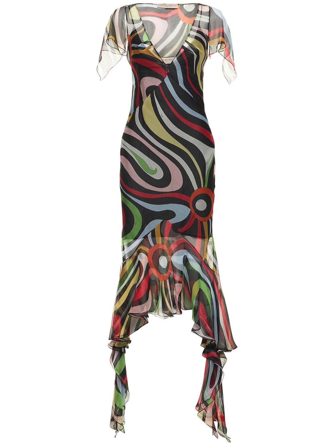Shop Pucci Chiffon Marmo Print Ruffle Midi Dress In Multicolor