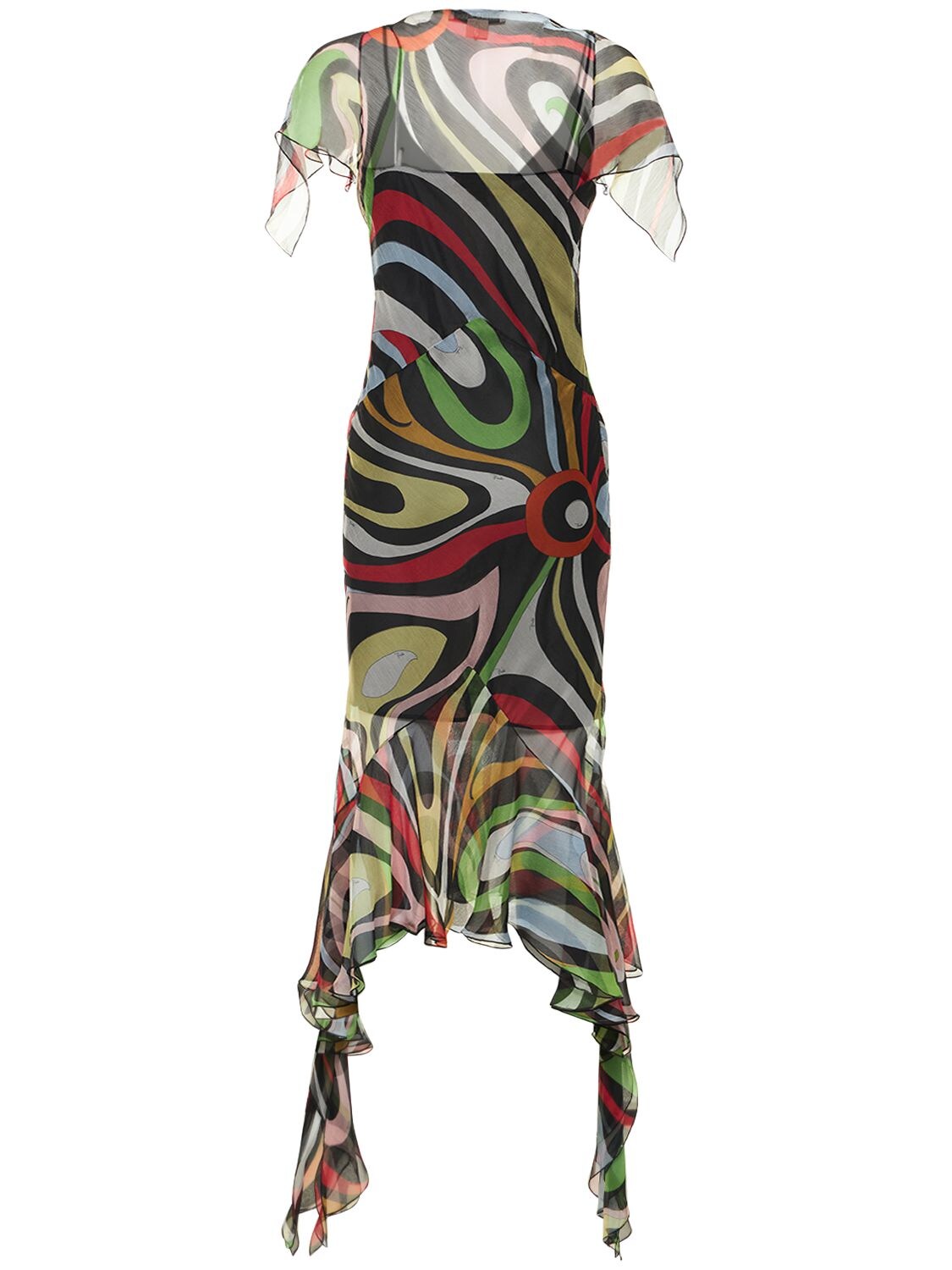 Shop Pucci Chiffon Marmo Print Ruffle Midi Dress In Multicolor