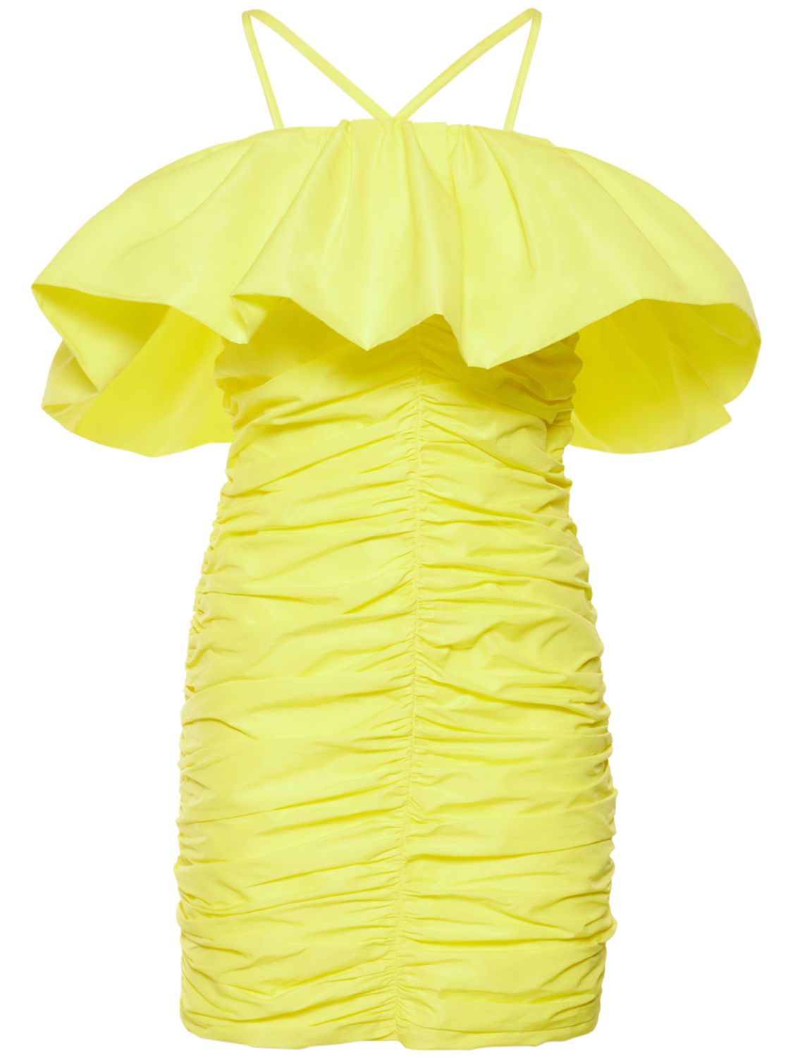 Msgm Ruched Nylon Mini Dress In Yellow