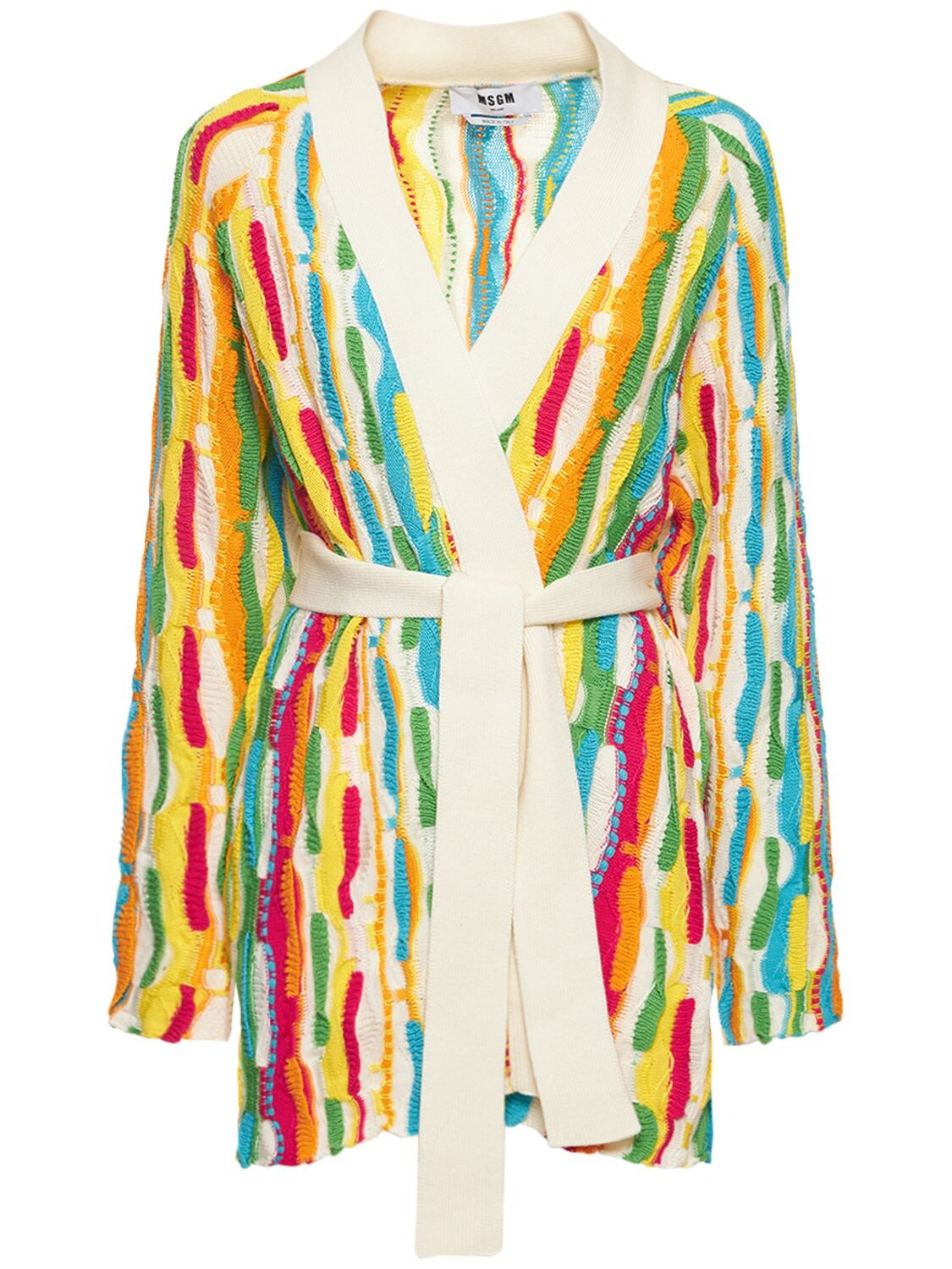 Msgm Belted Knitted Cotton Cardigan In White,multi