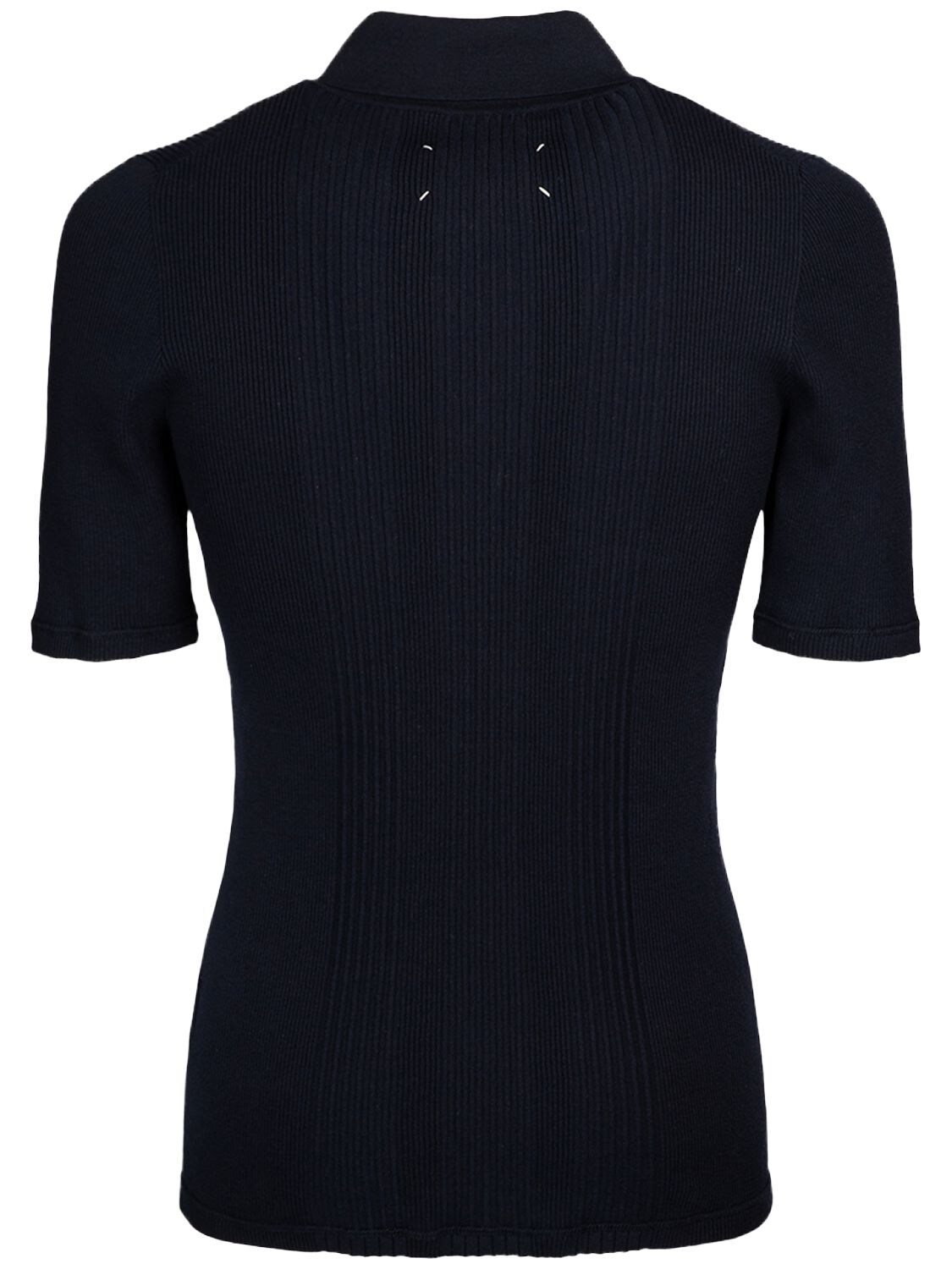 Shop Maison Margiela Cotton Ribbed Knit Polo In Blue