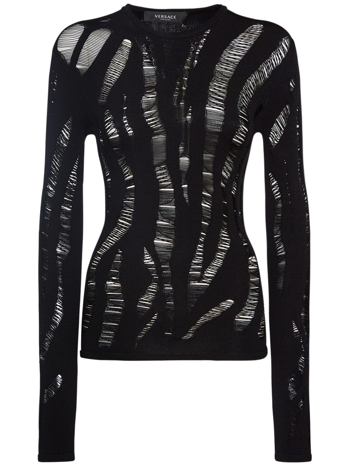 Versace Viscose Ripped Knit Jumper In Black