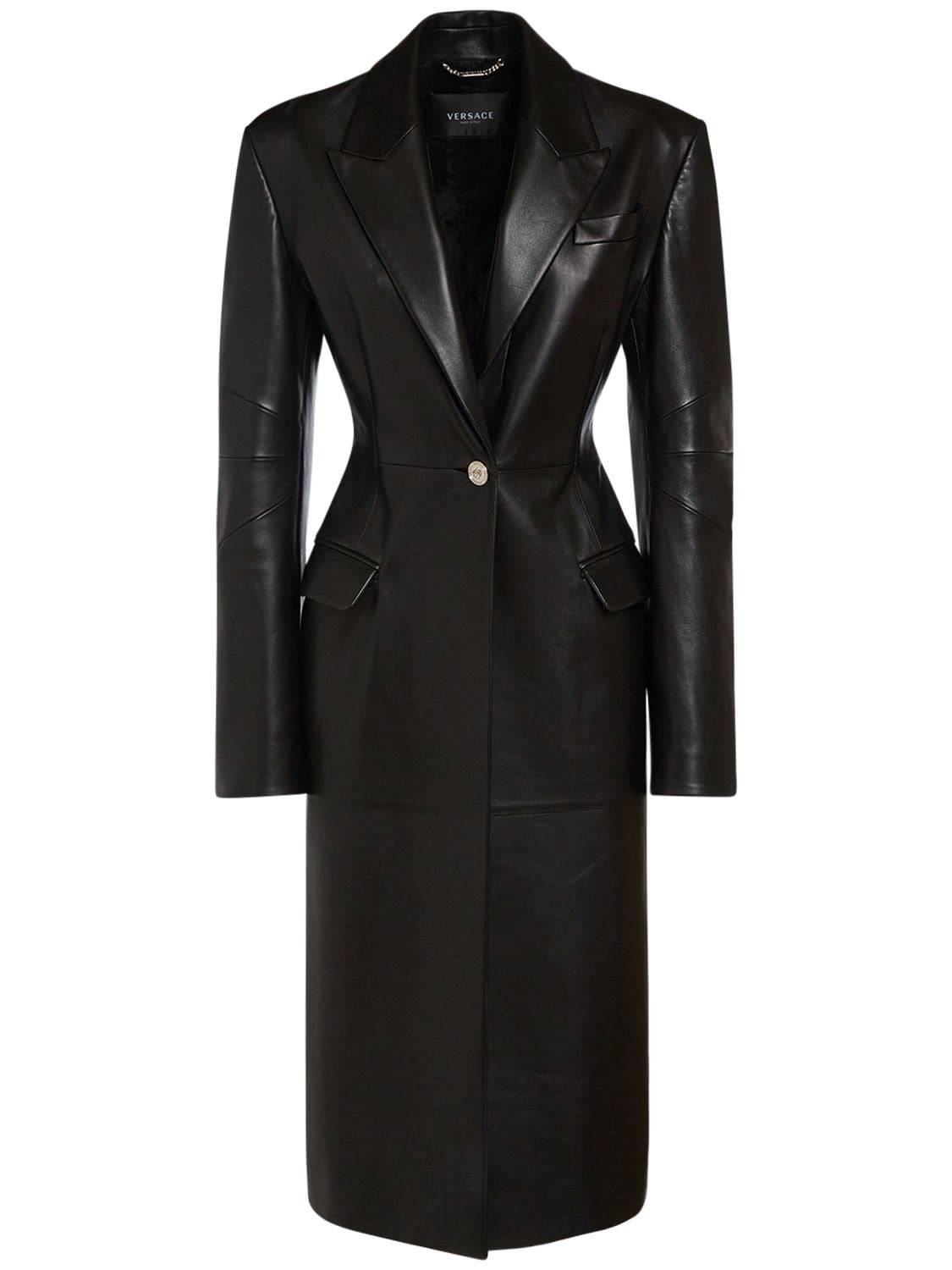 VERSACE LEATHER SINGLE BREASTED LONG COAT