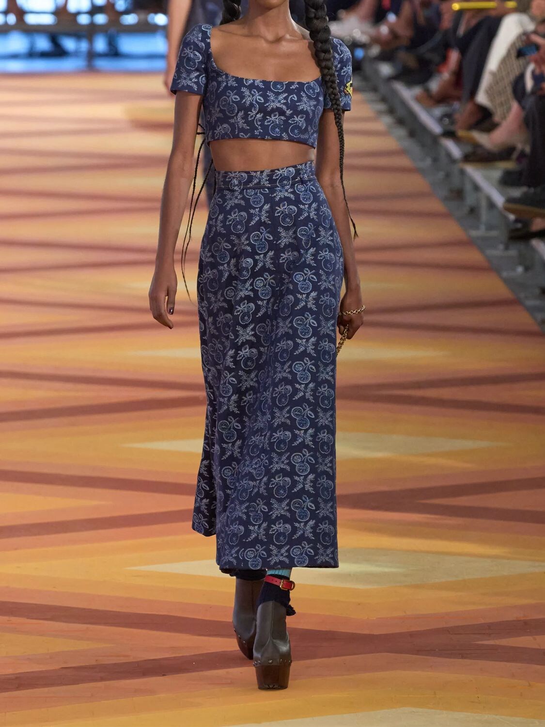 Shop Etro Embroidered Denim Midi Skirt In Blue