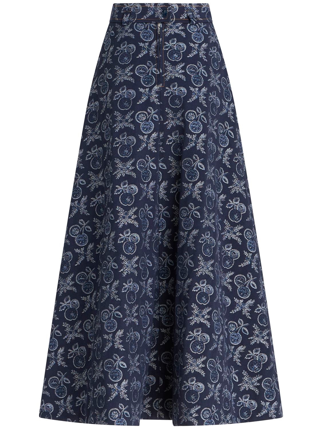 Shop Etro Embroidered Denim Midi Skirt In Blue