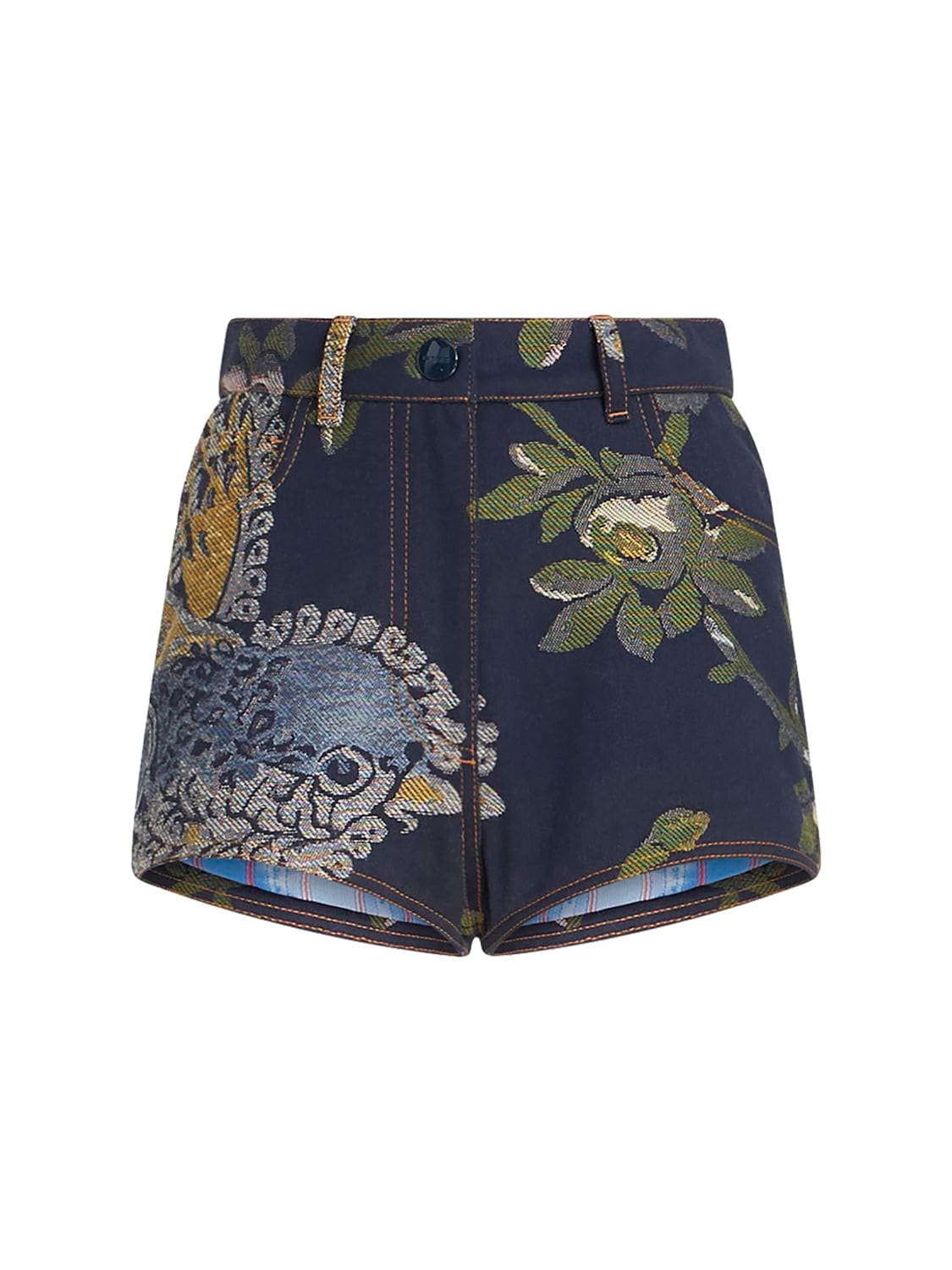 Etro Embroidered Denim Mini Shorts In Navy Blue