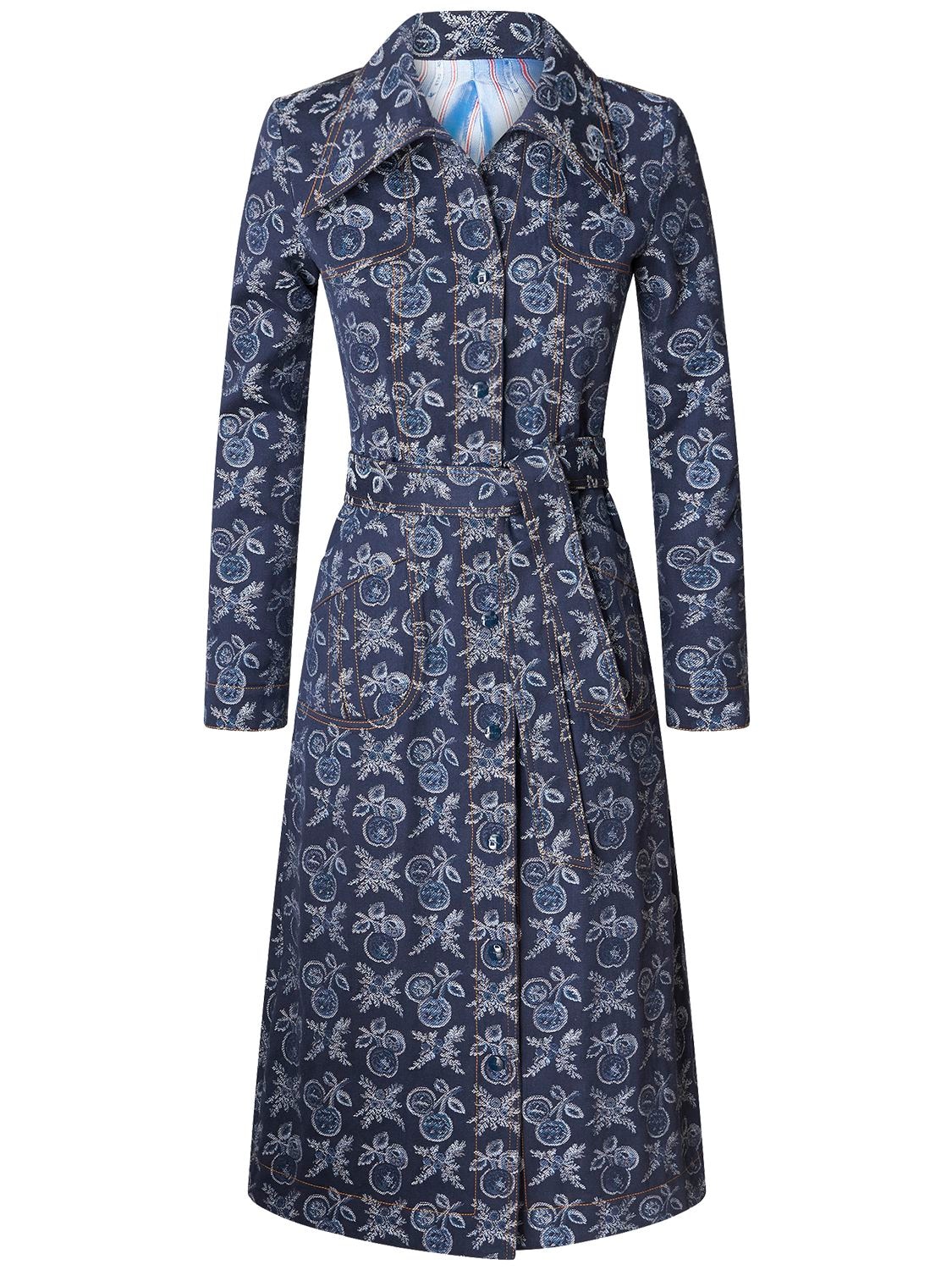 Etro Embroidered Denim Belted Long Coat In Navy Blue