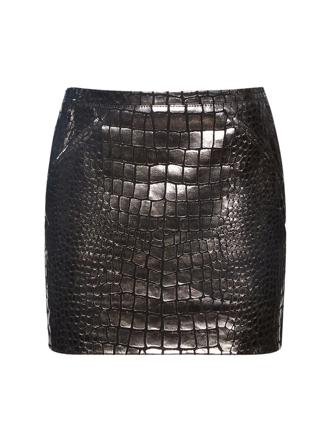 Tom Ford Croc Embossed Laminated Leather Skirt In Silver,black