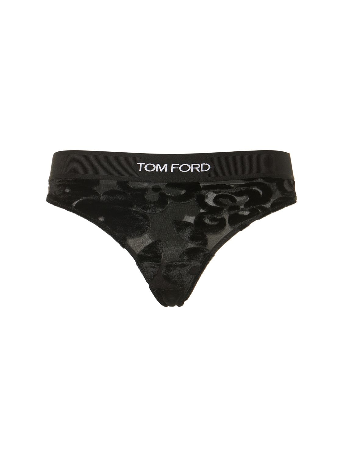 Tom Ford Primrose Floral Devoré Logo Band Tulle Brief In Black