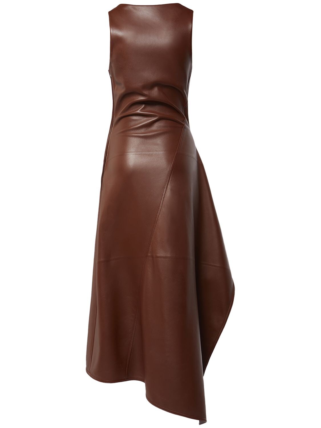 Shop Bottega Veneta Leather Asymmetric Midi Dress In Dark Cognac