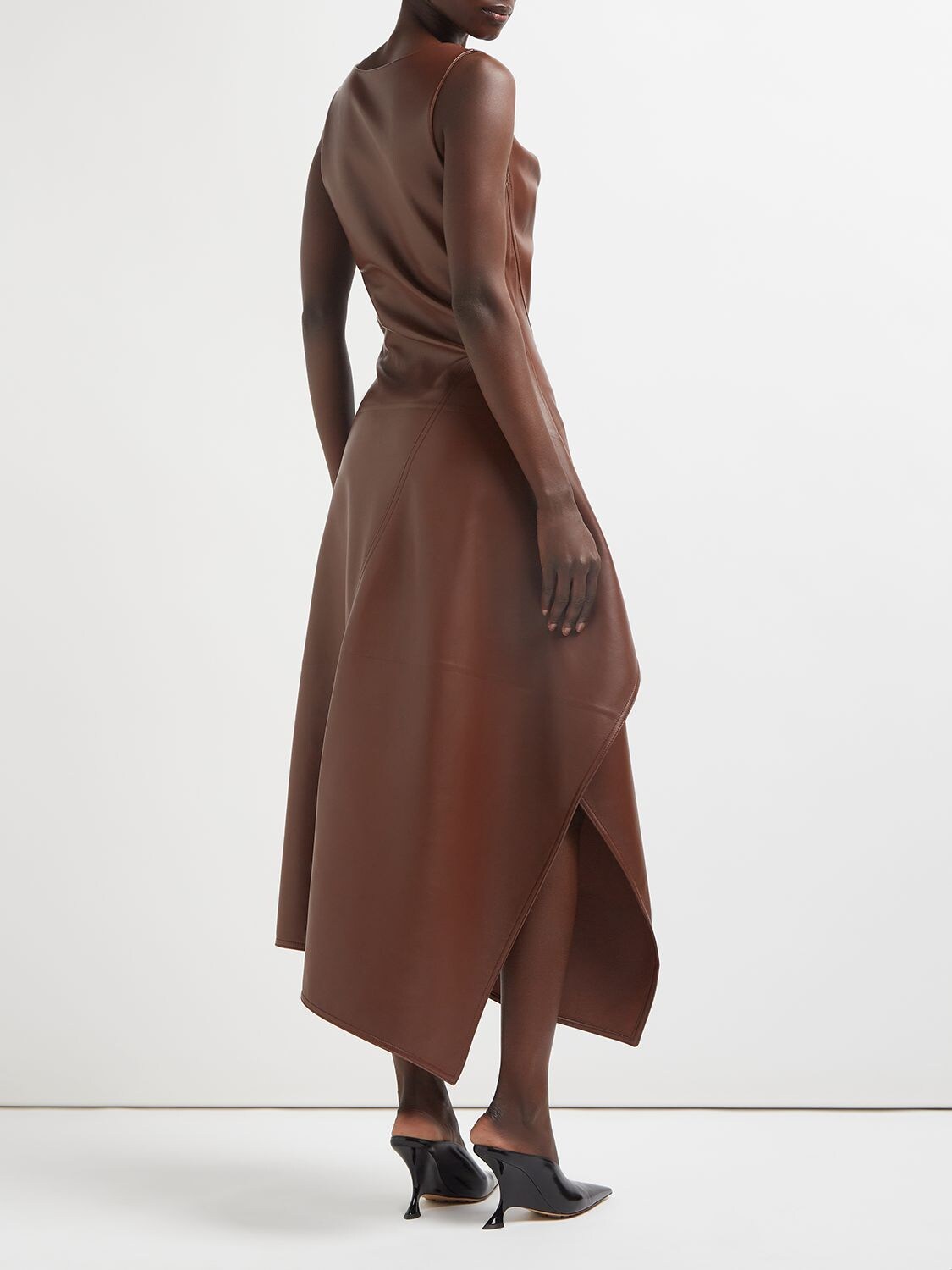 Shop Bottega Veneta Leather Asymmetric Midi Dress In Dark Cognac