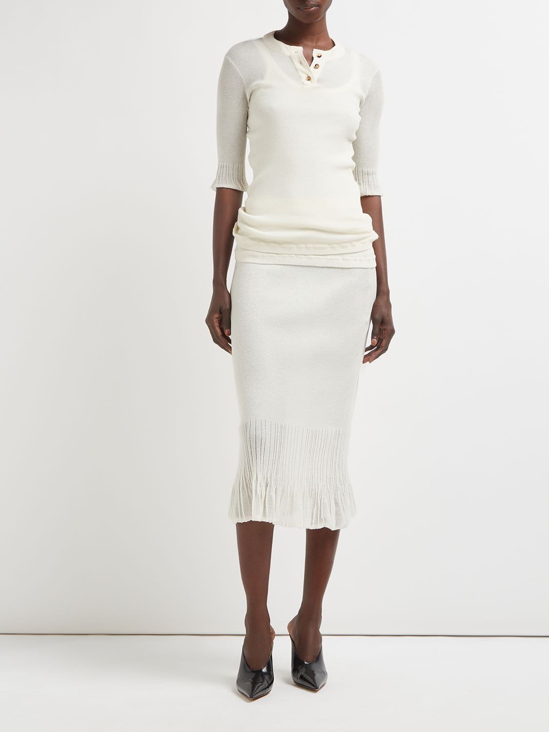 Shop Bottega Veneta Underpinning Light Rib Cotton Midi Skirt In Chalk