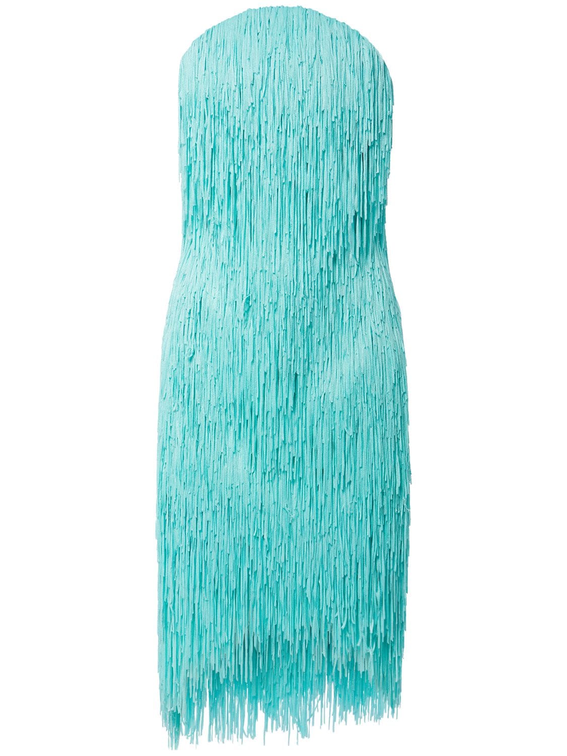 Bottega Veneta Strapless Fringe High-low Dress In Celadon