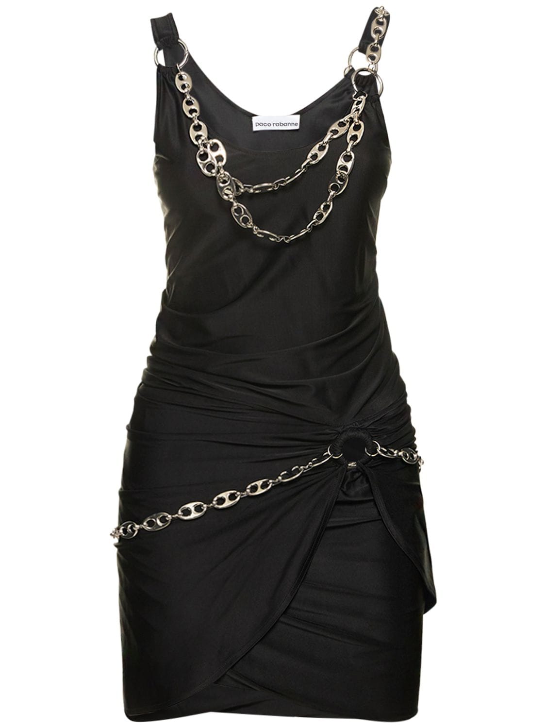 Rabanne Chain-link Gathered O-ring Sleeveless Mini Dress In Black