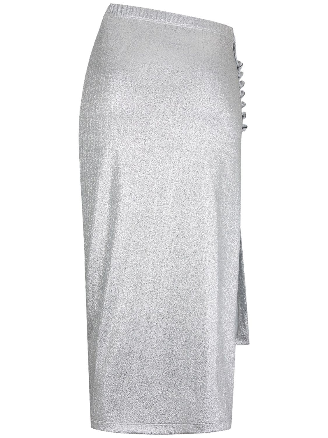 Shop Rabanne Viscose Jersey Lurex Draped Midi Skirt In Silver