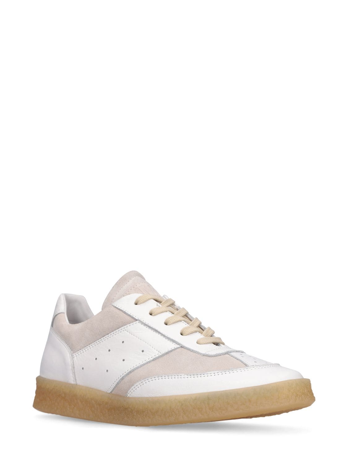 Shop Mm6 Maison Margiela Leather Low Top Sneakers In White,grey