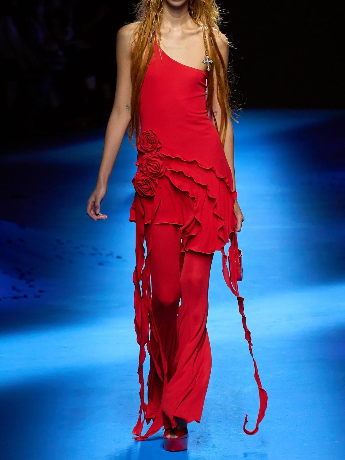 Blumarine Ruffle-trimmed One-shoulder Dress In Red
