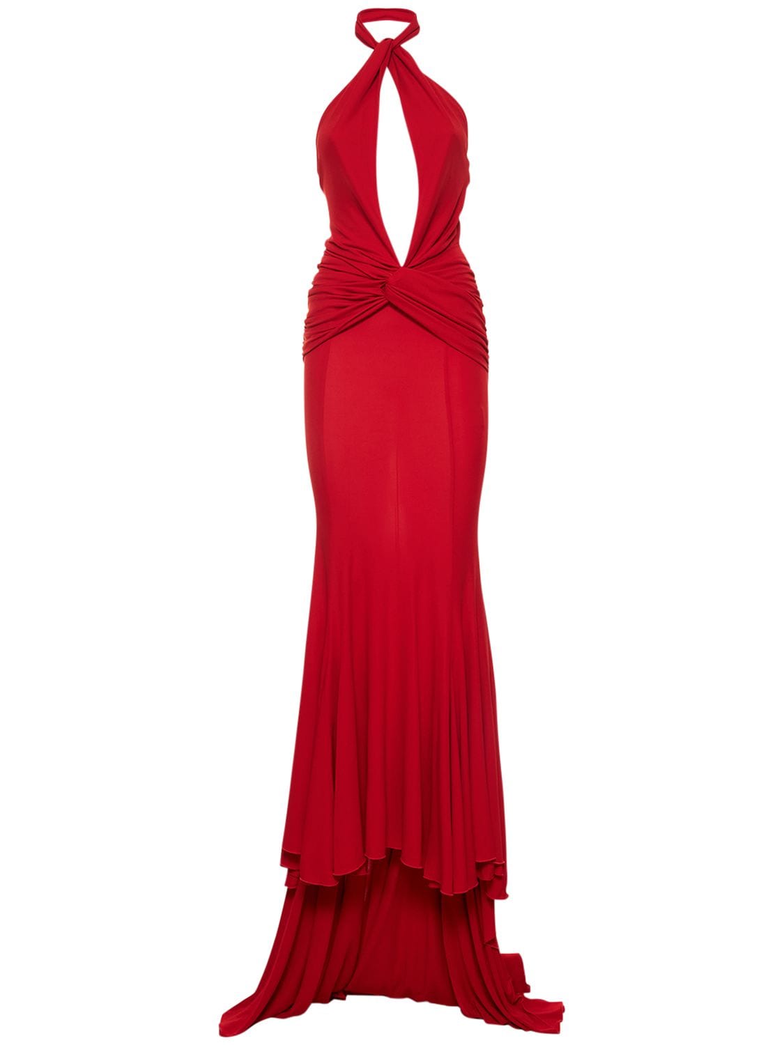 Blumarine Draped Jersey Long Dress W/ Halter Neck In Red
