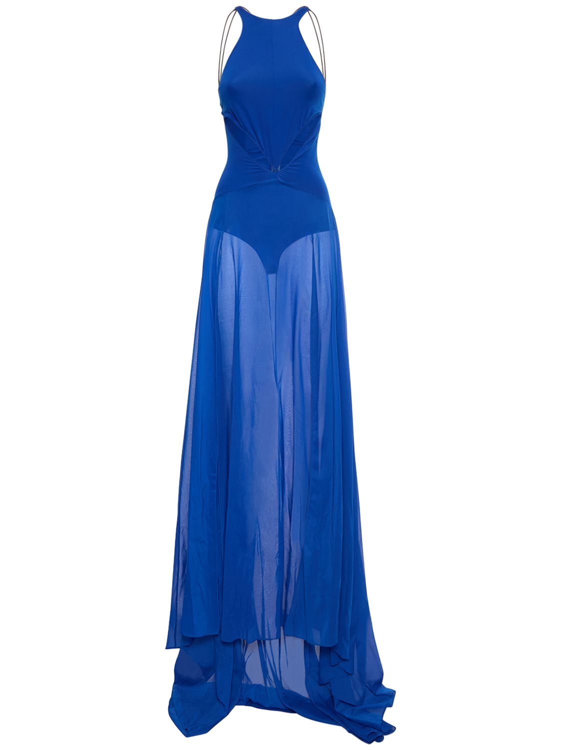 Alessandro Vigilante Cut Out Silk Satin Jersey Bodysuit Gown In Blue