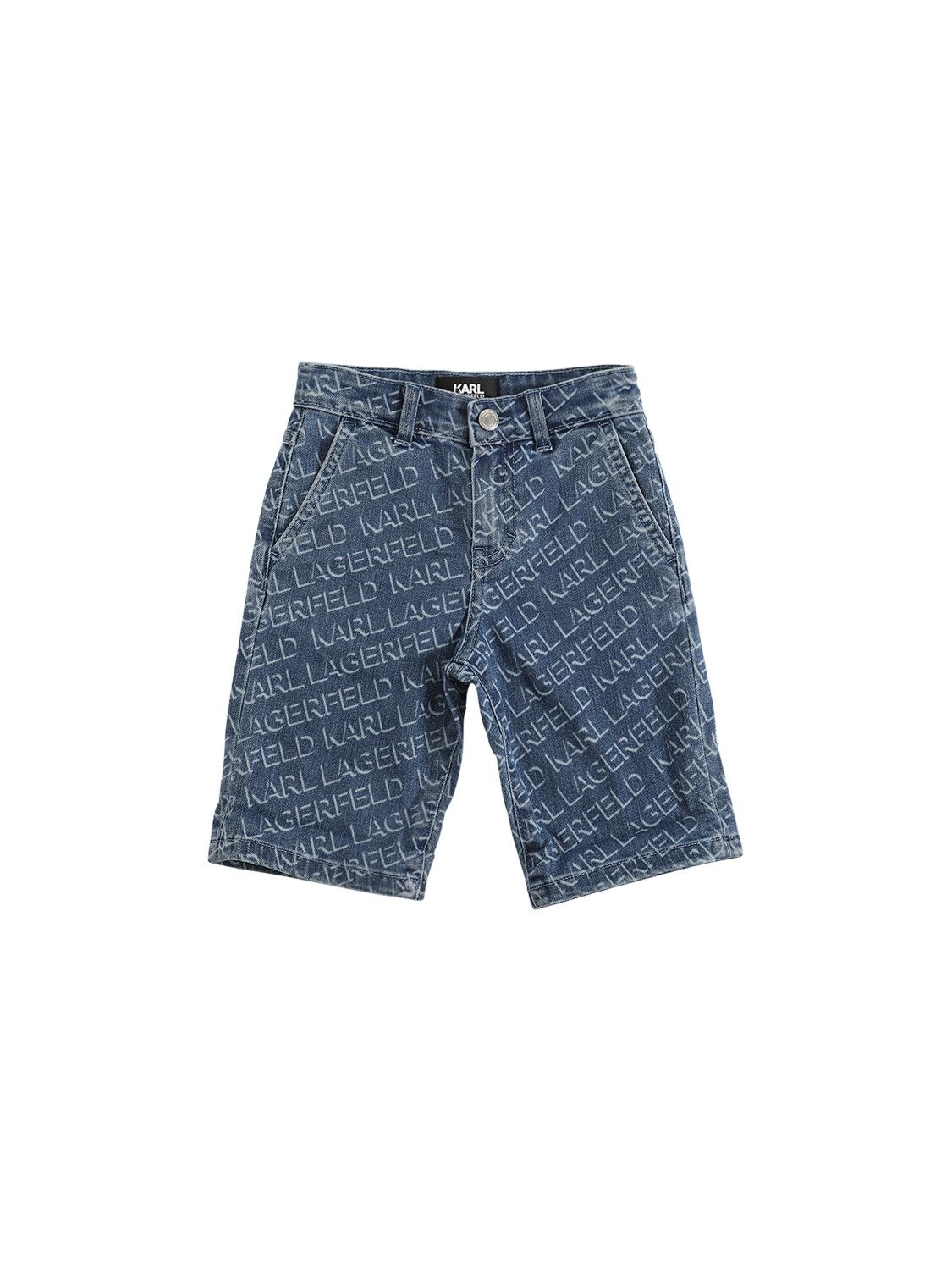 KARL LAGERFELD ALL OVER LOGO PRINT COTTON DENIM SHORTS