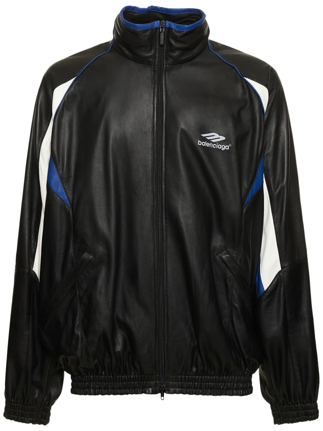 Shop Balenciaga Leather Track Jacket In Black,blue