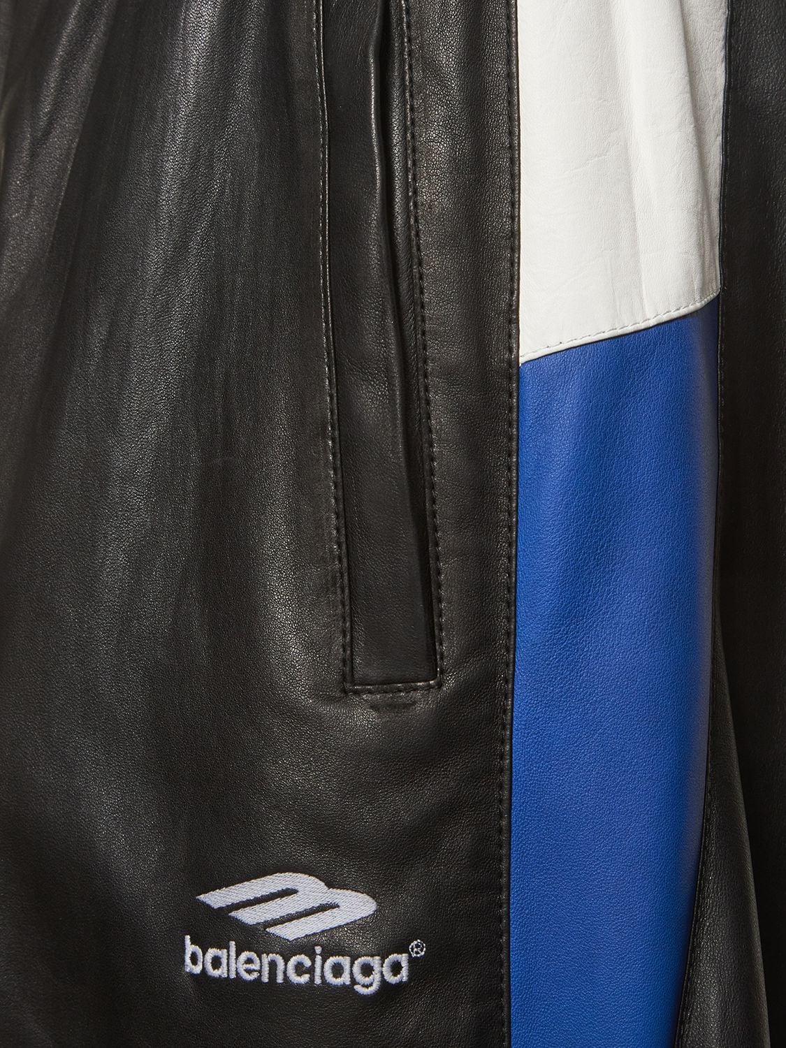 Shop Balenciaga Leather Track Pants In Black,blue