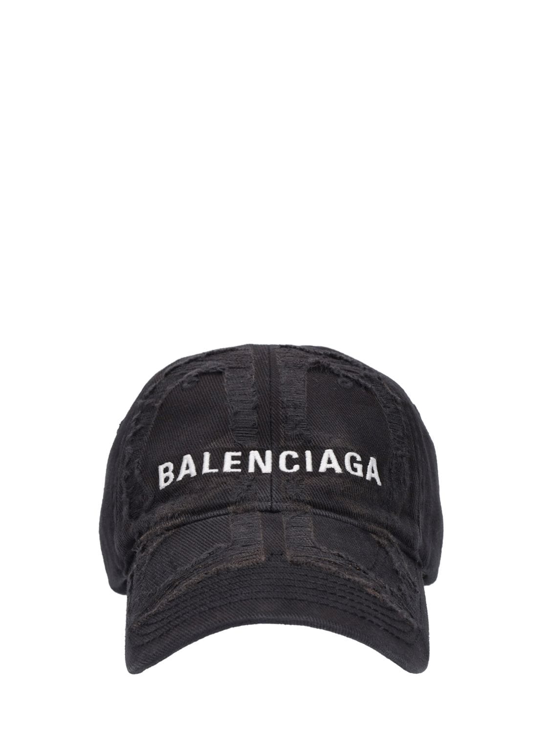 Shop Balenciaga Distressed Cotton Denim Cap In Black,white