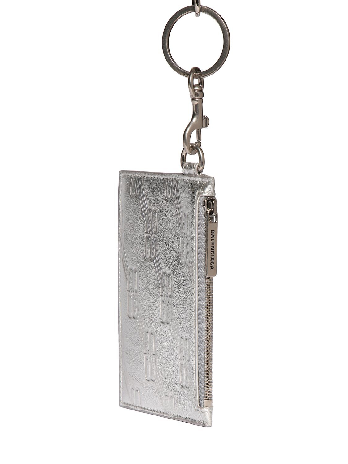 Shop Balenciaga Leather Card Holder W/ Keyring In Silver