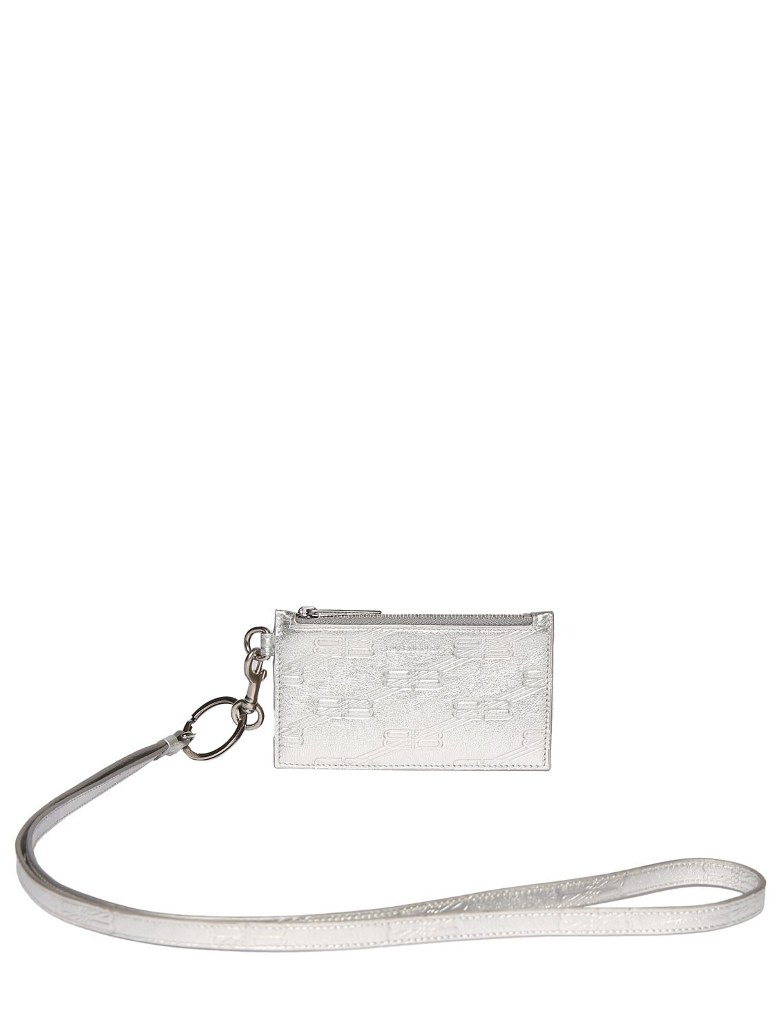 Balenciaga Leather Card Holder W/ Keyring In Silver