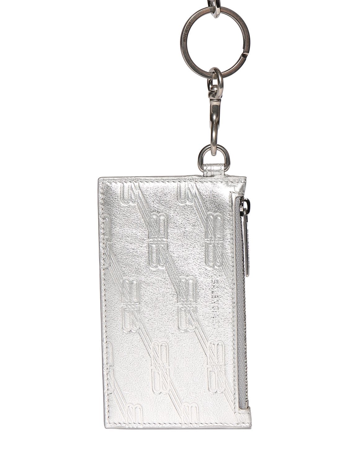 Shop Balenciaga Leather Card Holder W/ Keyring In Silver