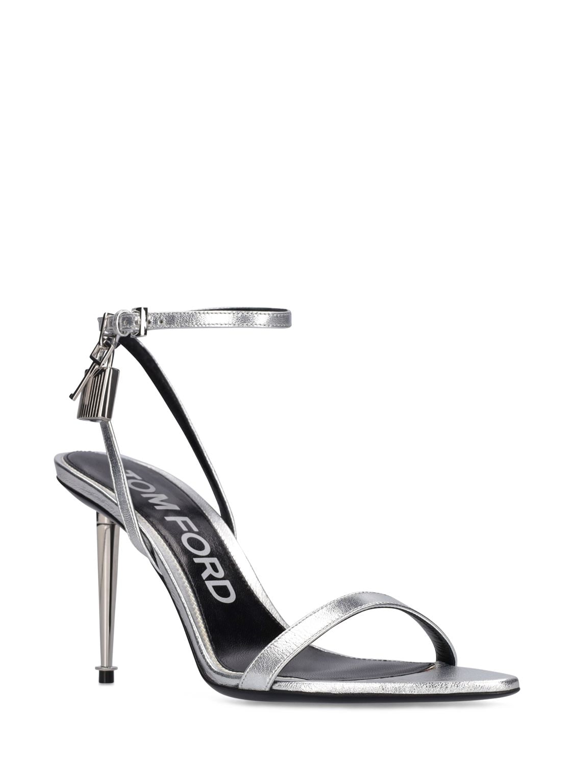 Shop Tom Ford 85mm Padlock Metallic Leather Sandals In Silver
