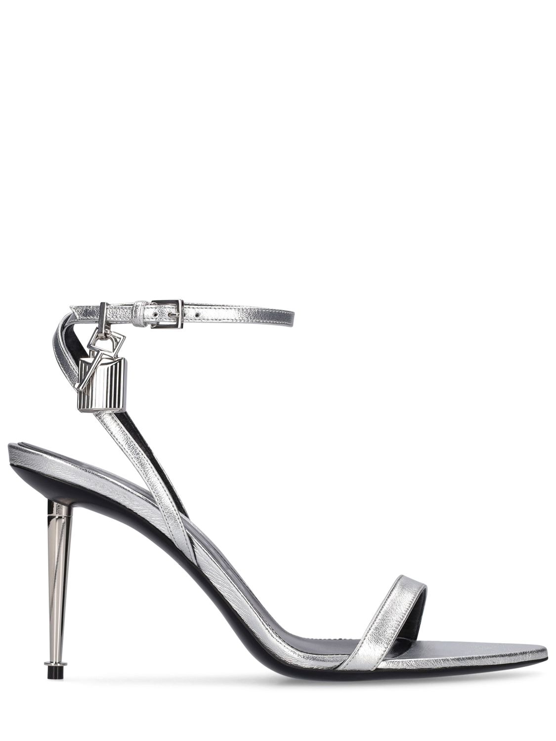 Shop Tom Ford 85mm Padlock Metallic Leather Sandals In Silver