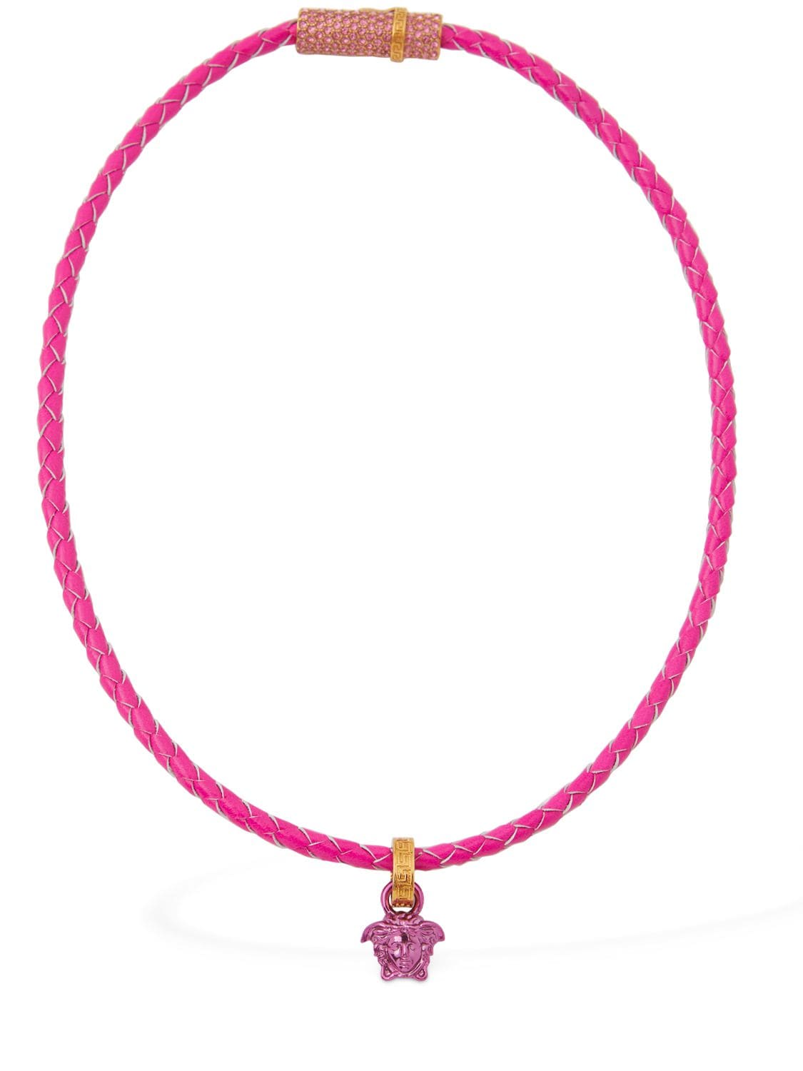 Versace Medusa Charm Leather Necklace In Fuchsia