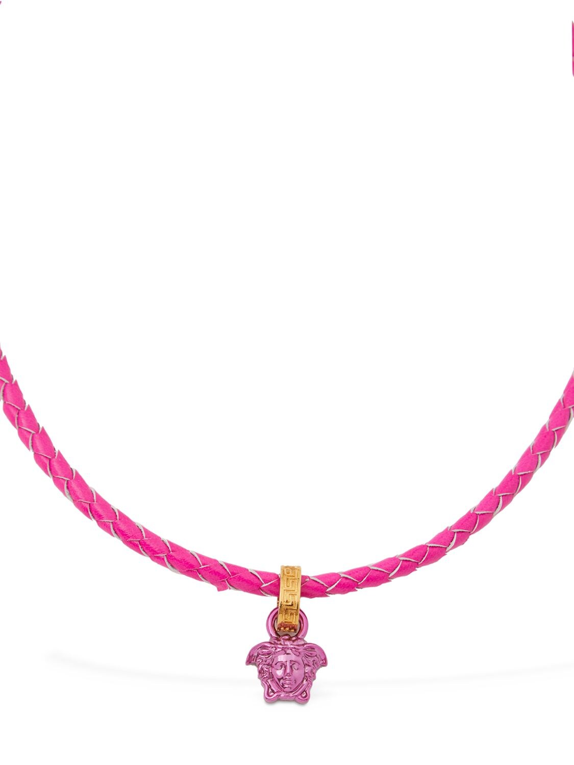 Shop Versace Medusa Charm Leather Necklace In Fuchsia