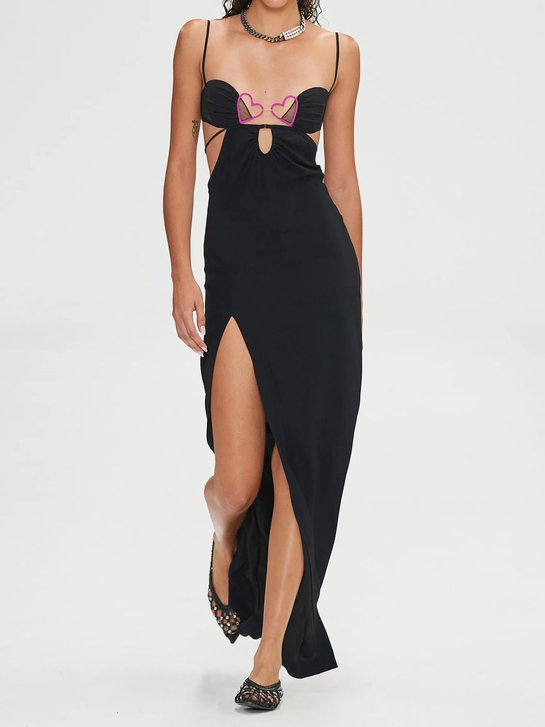 Nensi Dojaka Heart-padded Bra Maxi Slip Dress With Side Slit In Black