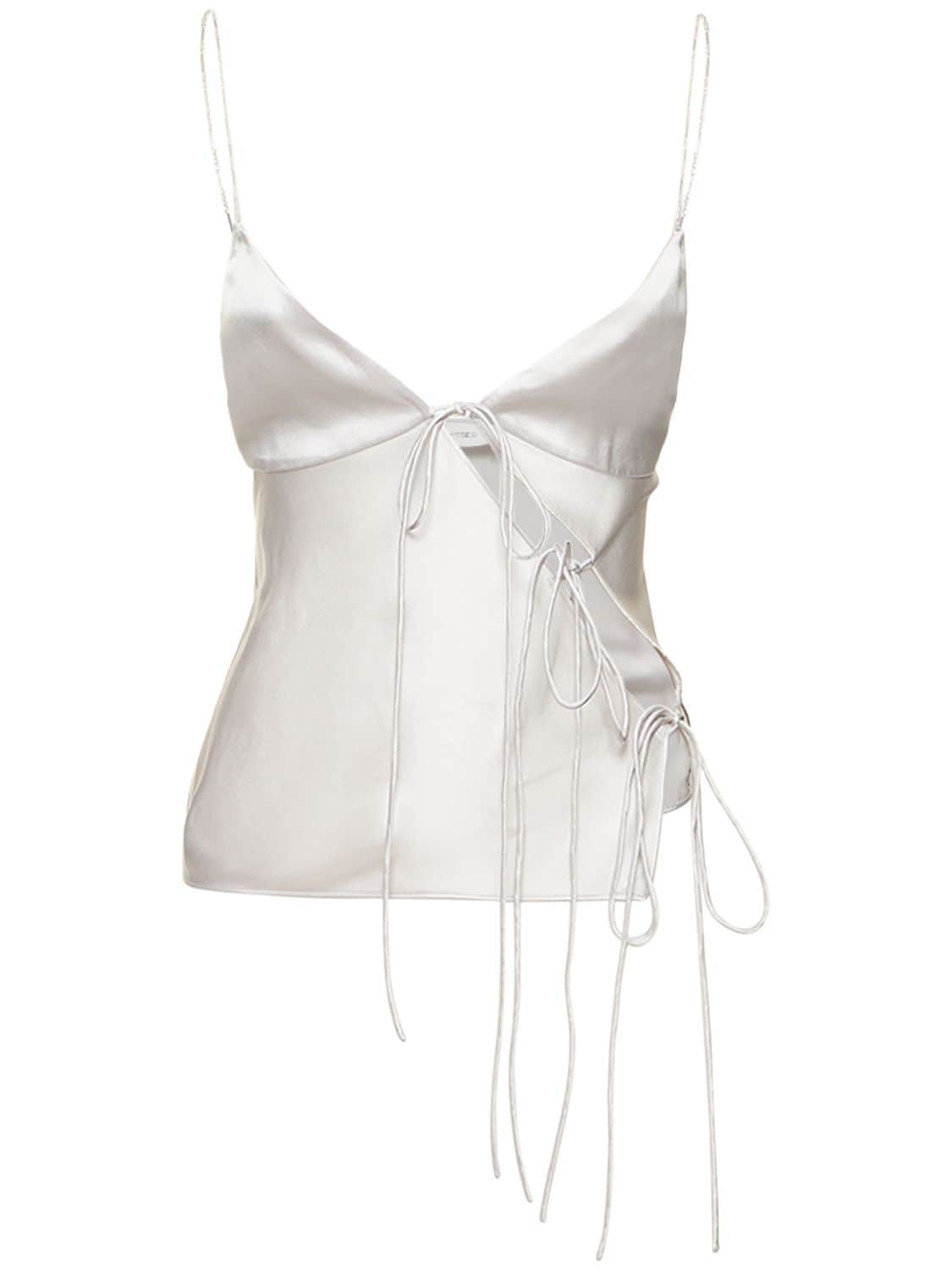 Christopher Esber Cutout Silk Satin Top W/ Chain Straps In Silver