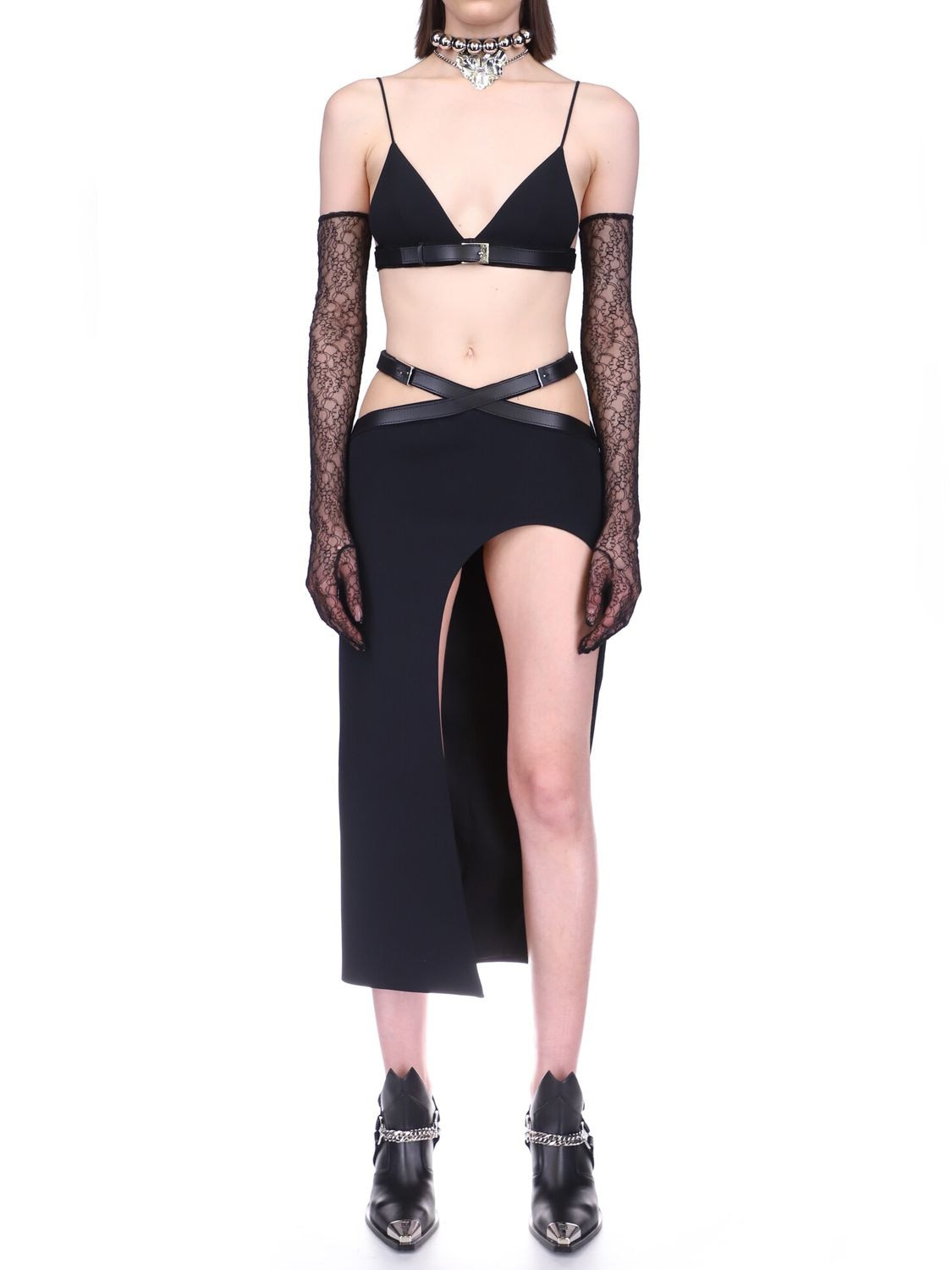 David Koma Leather Cross & Cady Arch Cut Midi Skirt In Black
