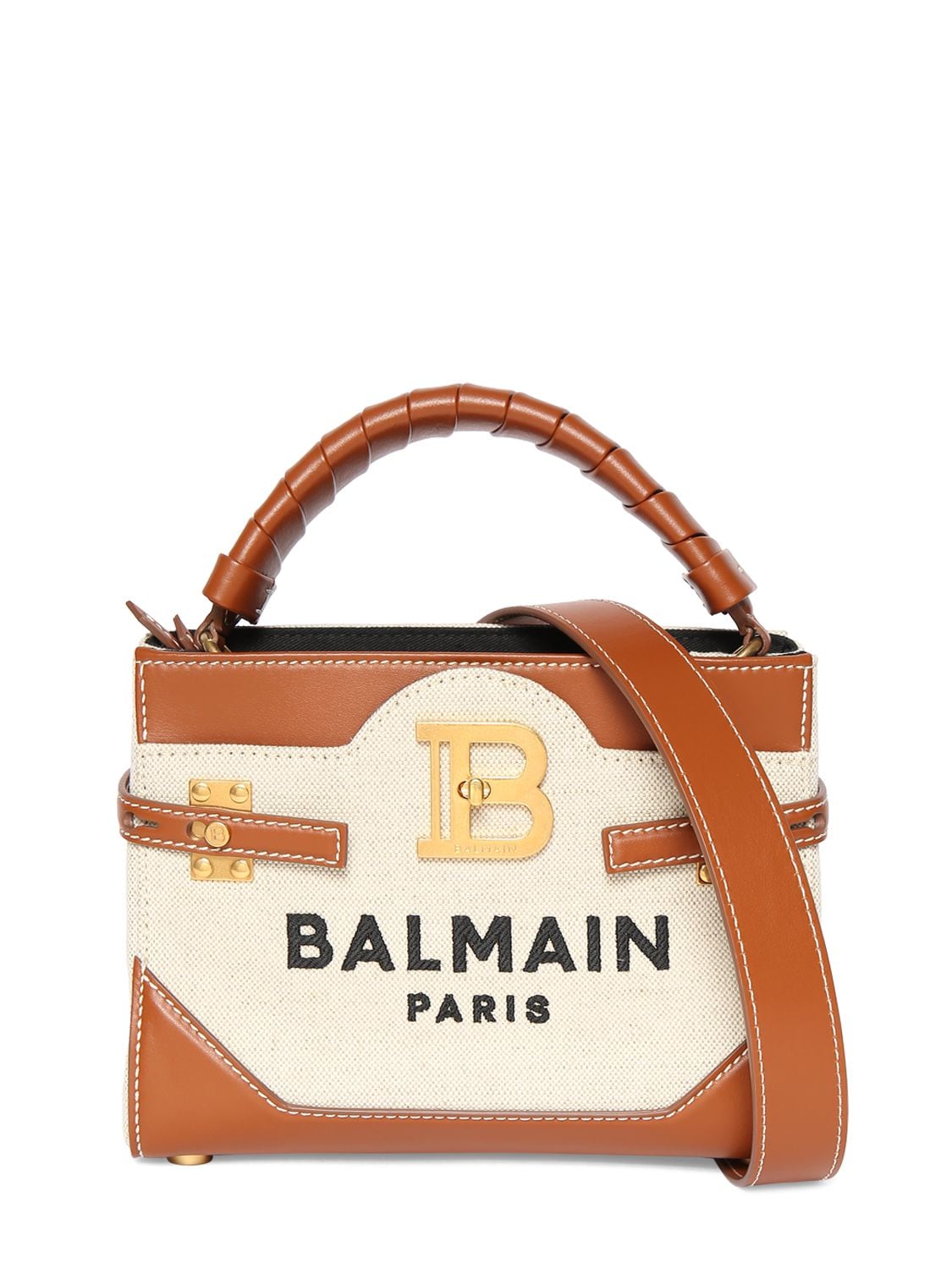 Shop Balmain Bbuzz 22 Canvas & Leather Top Handle Bag In Gem Natural