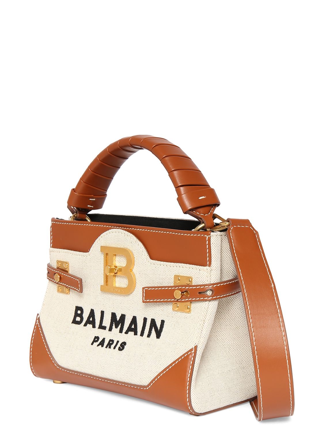 Shop Balmain Bbuzz 22 Canvas & Leather Top Handle Bag In Gem Natural