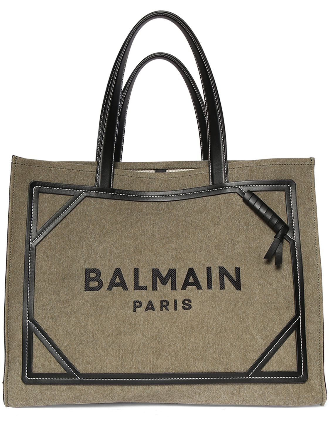 Balmain Medium B-army Canvas & Leather Tote Bag In Kaki,noir