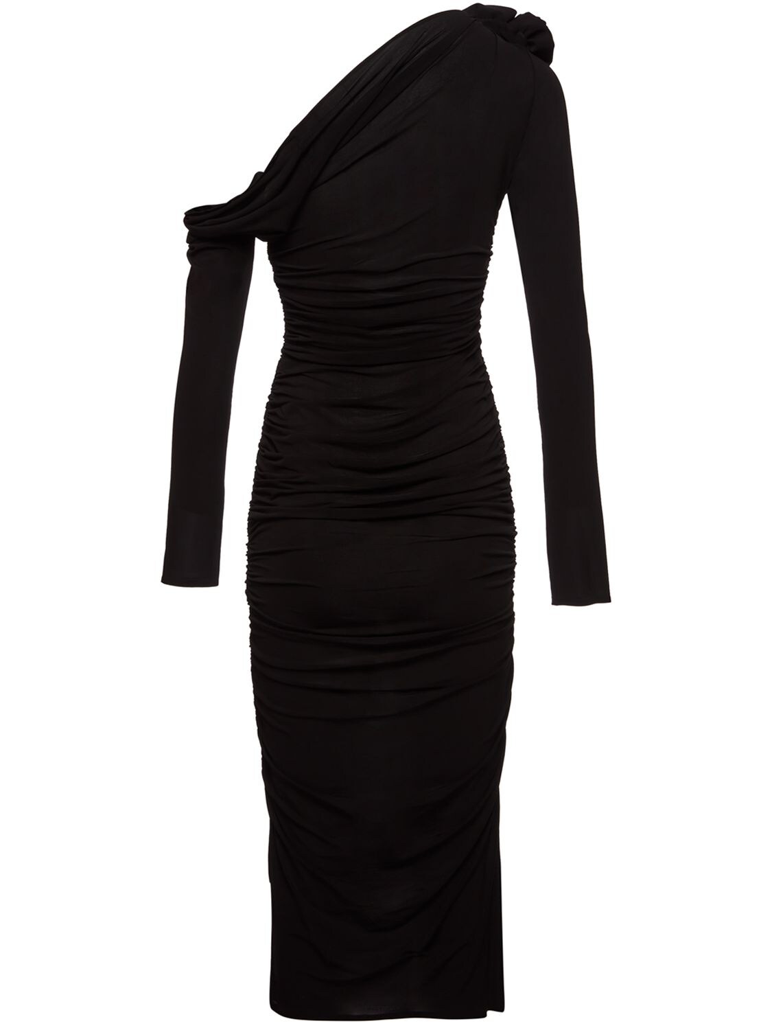 Shop Magda Butrym Jersey Midi Dress W/ 3d Flower In Black