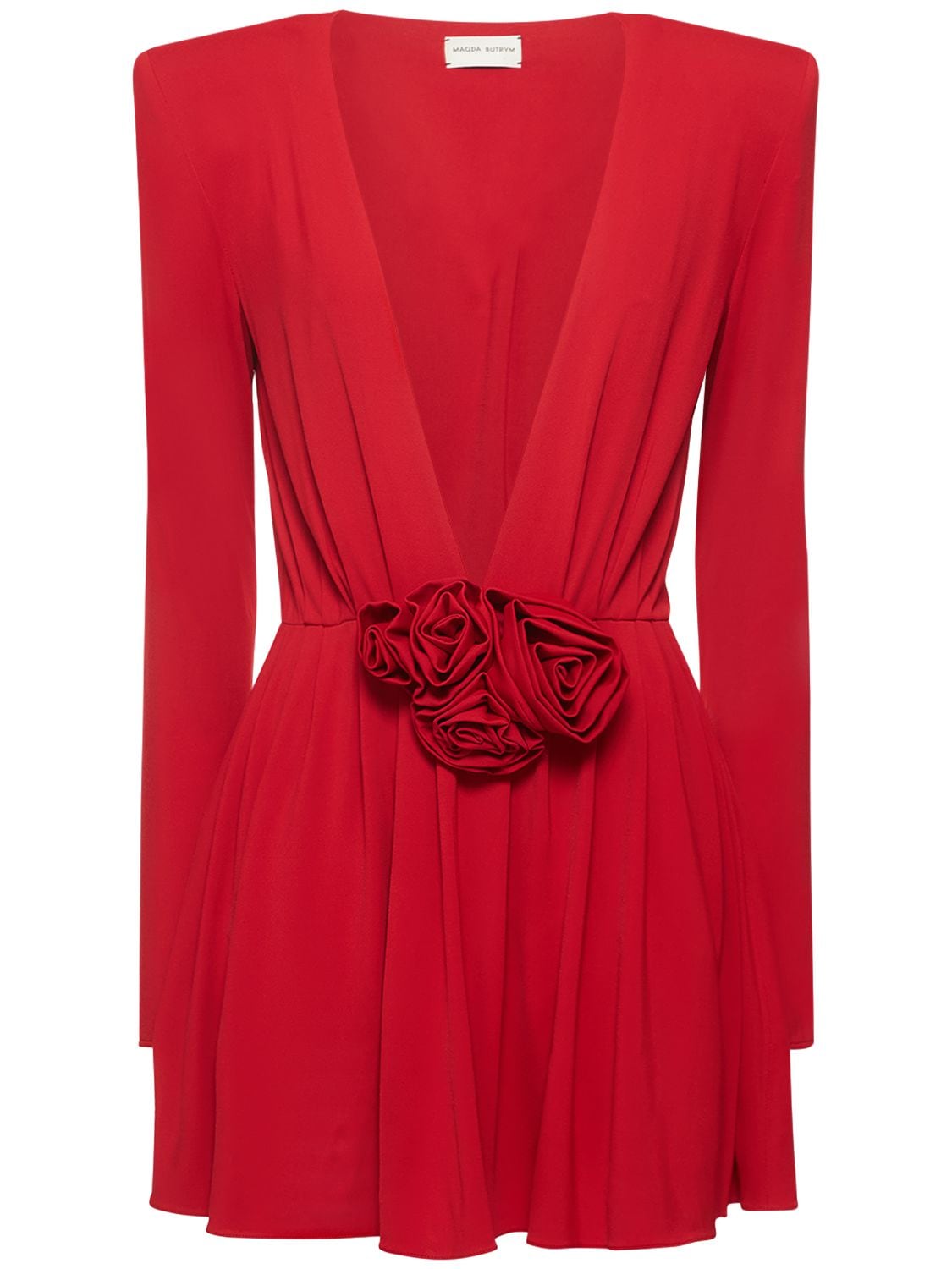 Shop Magda Butrym V Neck Jersey Mini Dress W/ Roses In Red